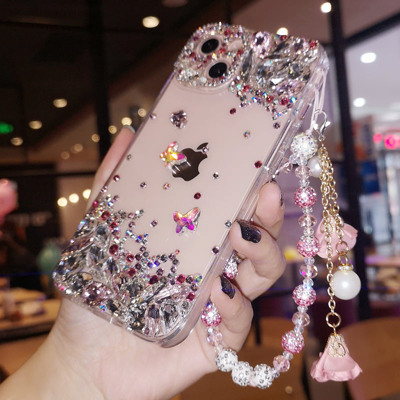 Coque iPhone faite à la main, luxueuse, ornée de diamants, minimaliste, avec papillon.