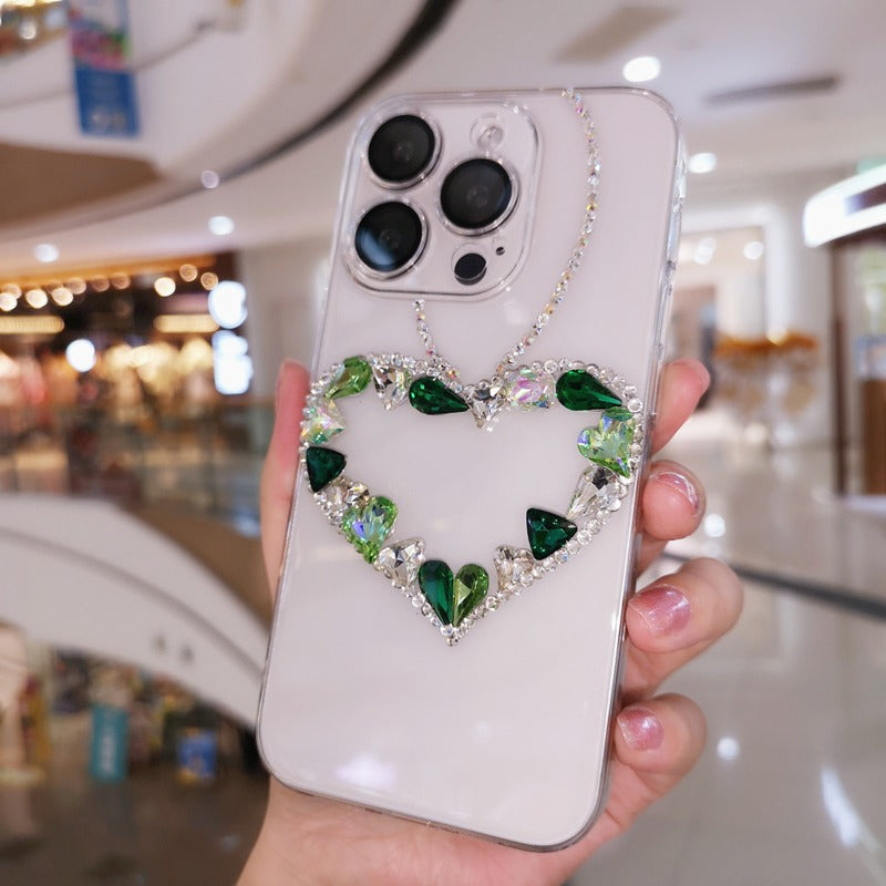 Handmade Minimalist Green Crystal Bling Heart iPhone Case for iPhone 16 15 14 13 12 11 Plus Pro Max