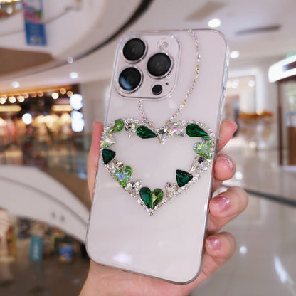Handmade Minimalist Green Crystal Bling Heart iPhone Case for iPhone 16 15 14 13 12 11 Plus Pro Max