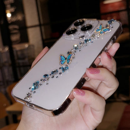 Handmade Minimalist Butterflies Bling Blue Crystal iPhone Case for iPhone 16 15 14 13 12 11 Plus Pro Max