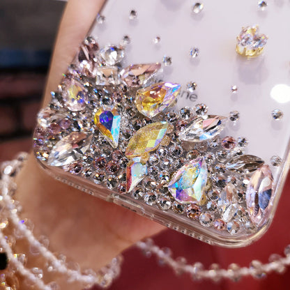 Handmade iPhone Case Luxury Bling Diamond Minimalist Heart with Lanyard for iPhone 16 15 14 13 12 11 Plus Pro Max