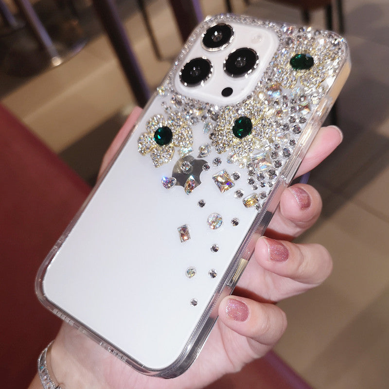 Coque iPhone faite main, minimaliste, fleurs, strass, dos en forme de diamant