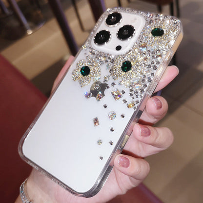 Coque iPhone faite main, minimaliste, fleurs, strass, dos en forme de diamant