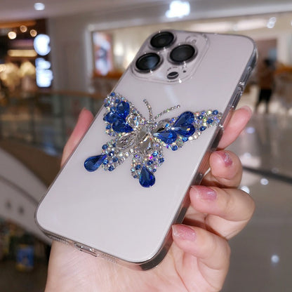 Handmade Minimalist Blue Crystal Bling Butterfly iPhone Case for iPhone 16 15 14 13 12 11 Plus Pro Max
