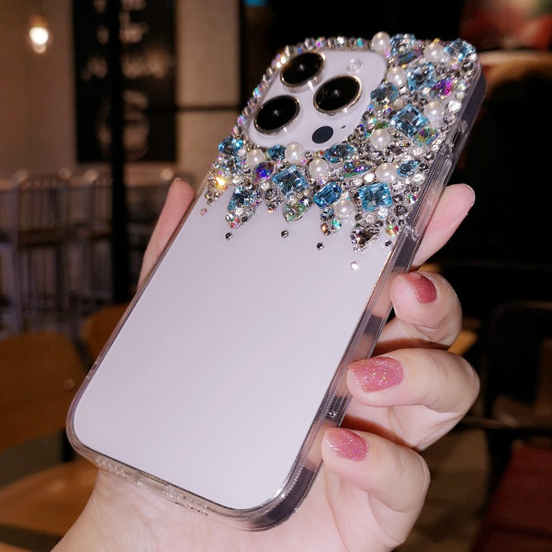 Handmade iPhone Case Minimalist Bling Diamond with Blue Crystals Case for iPhone 16 15 14 13 12 11 Plus Pro Max