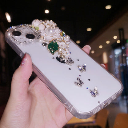 Coque iPhone faite à la main, luxueuse, ornée de diamants, minimaliste, à fleurs, coque arrière