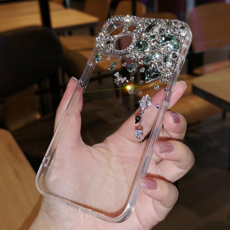 Handmade iPhone Case Minimalist Bling Green Diamond Back Cover Case for iPhone 16 15 14 13 12 11 Plus Pro Max