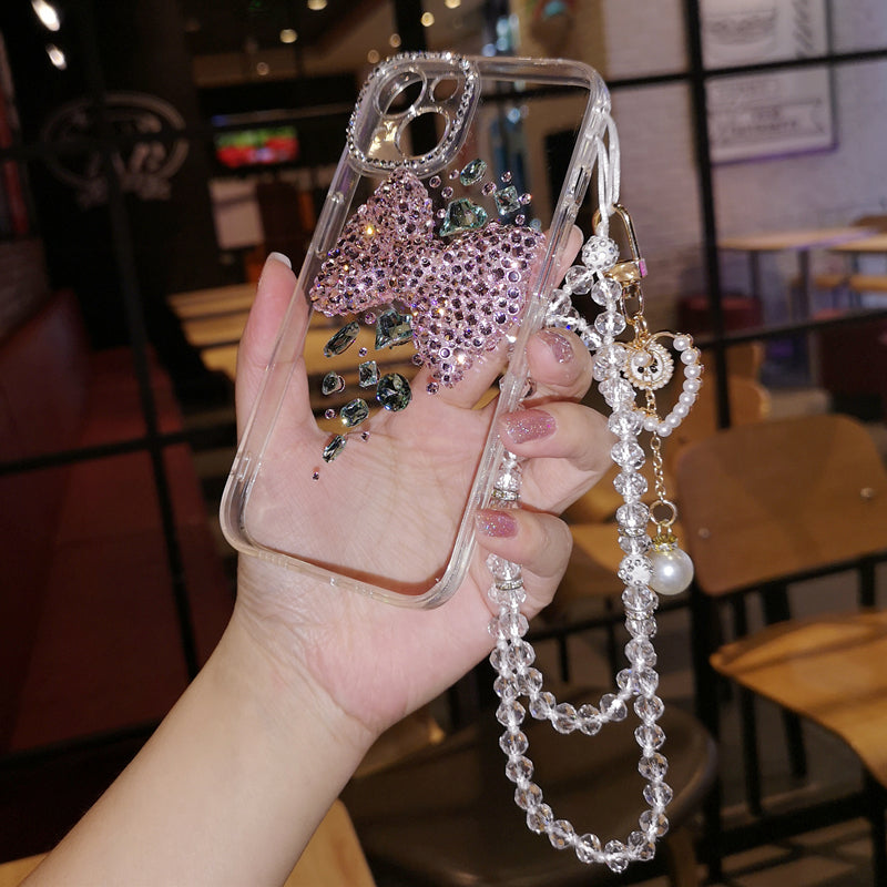 Coque iPhone faite à la main, luxueuse, ornée de diamants, minimaliste, avec nœud arrière