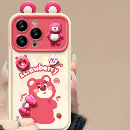White Strawberry Bear Flip Phone Case with Mirror and Stand