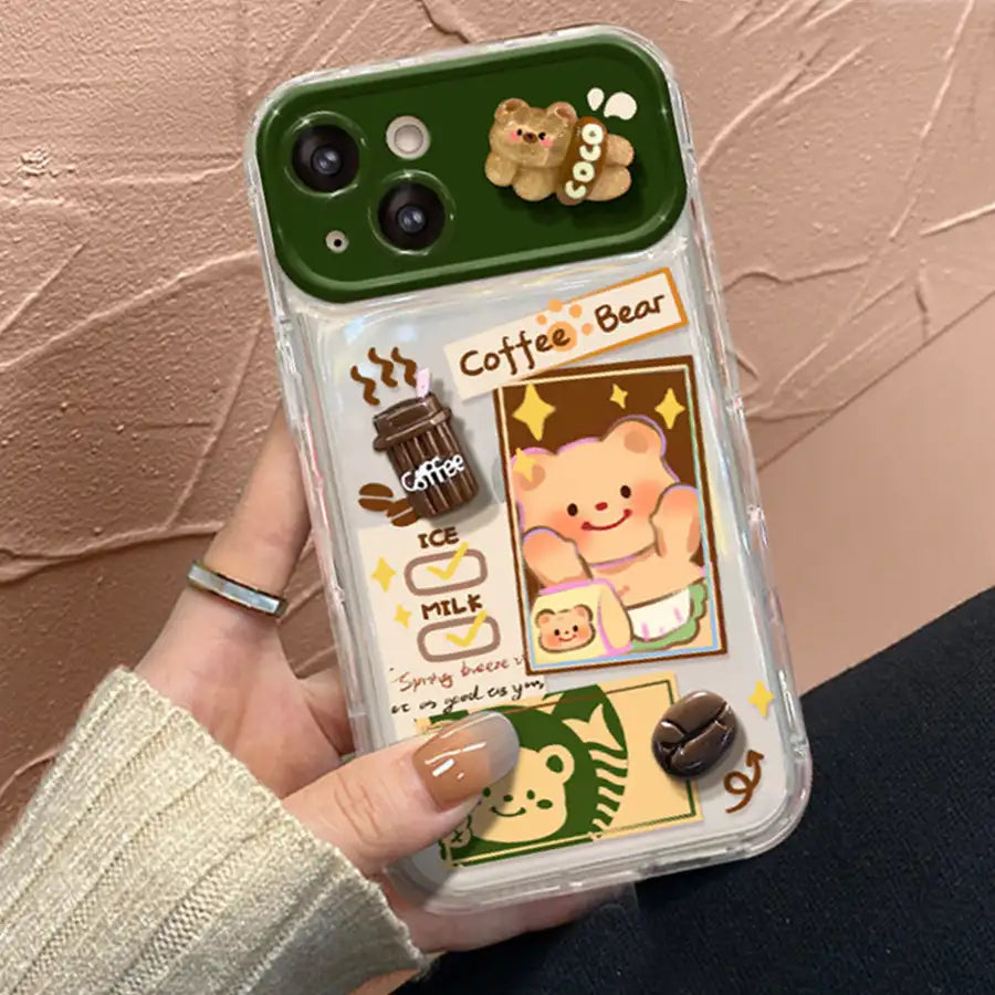Cute Bear With Foldable Mirror Phone Case For iPhone 3D Coffee Decorations Back Cover