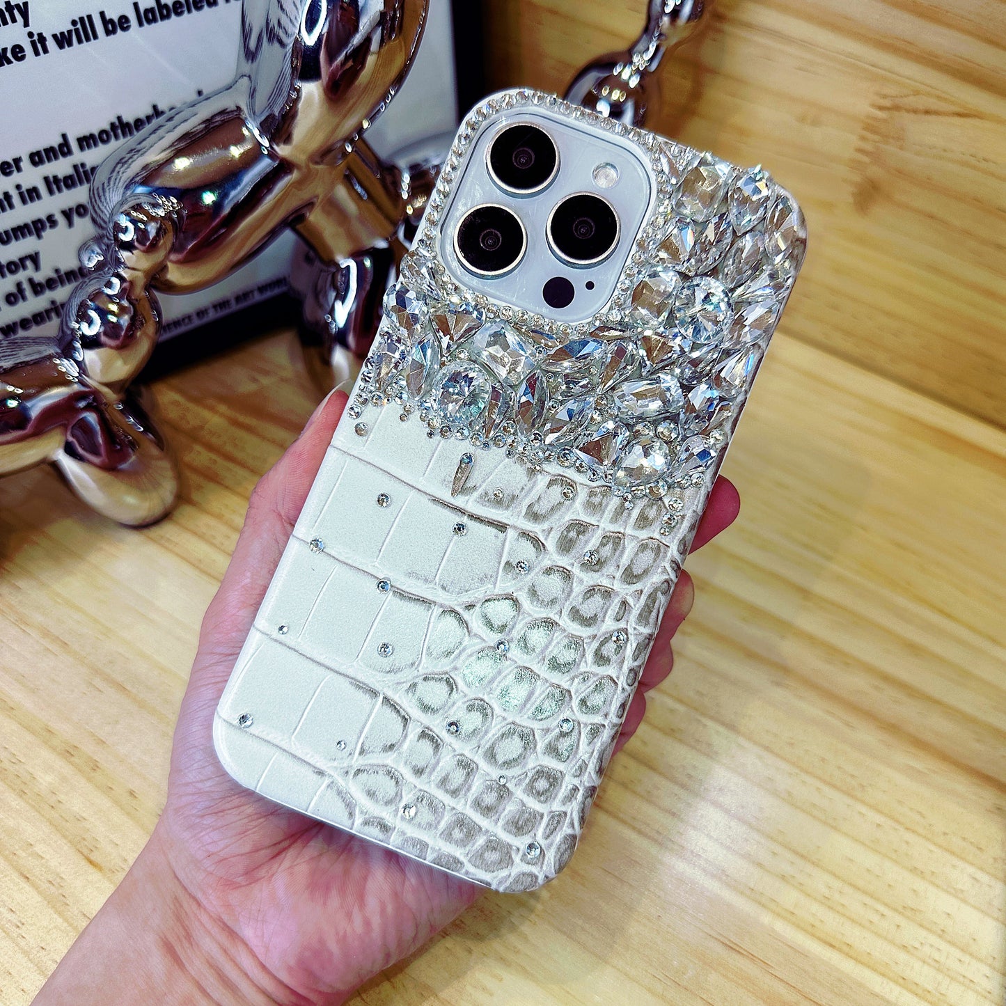 Crocodile Pattern with White Crystals Phone Case Compatible iPhone for iPhone 16 15 14 13 12 11 Plus Pro Max
