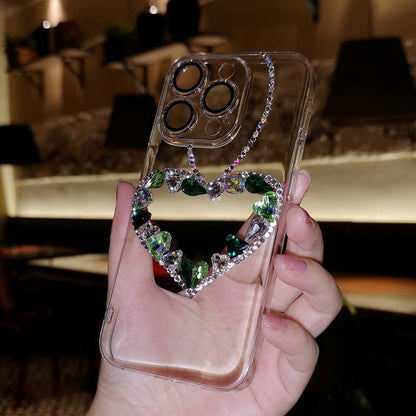 Handmade Minimalist Green Crystal Bling Heart iPhone Case for iPhone 16 15 14 13 12 11 Plus Pro Max