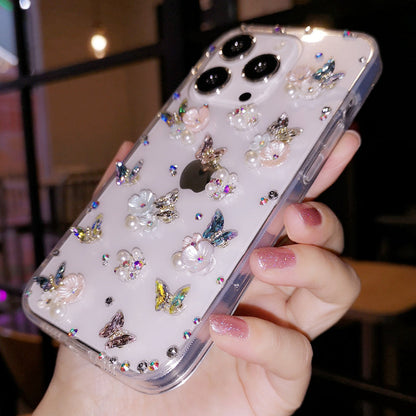 Coque iPhone faite main minimaliste papillon et fleurs à motif diamant