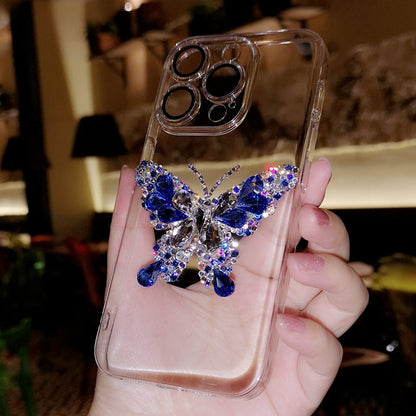 Handmade Minimalist Blue Crystal Bling Butterfly iPhone Case for iPhone 16 15 14 13 12 11 Plus Pro Max
