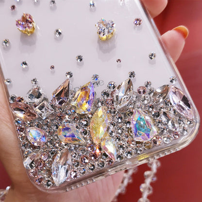 Handmade iPhone Case Luxury Bling Diamond Minimalist Heart with Lanyard for iPhone 16 15 14 13 12 11 Plus Pro Max