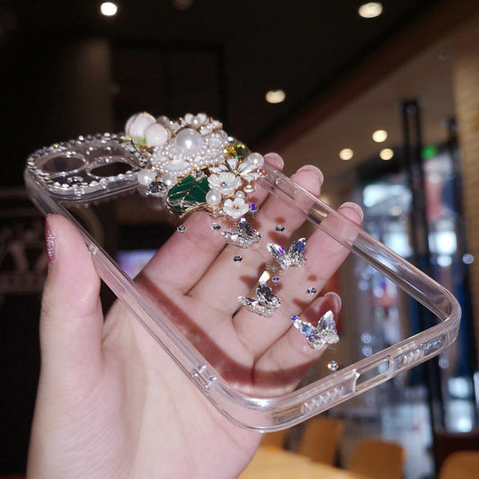 Handmade iPhone Case Luxury Bling Diamond Minimalist Flowers Back Cover Case for iPhone 16 15 14 13 12 11 Plus Pro Max
