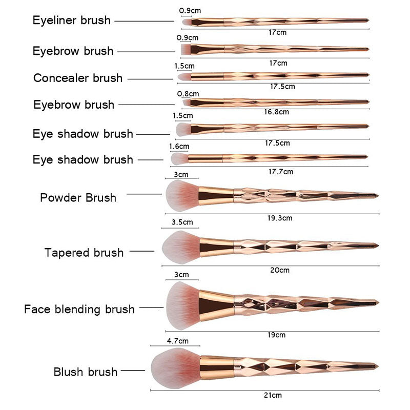 10pcs Diamond Rose Gold Makeup Brushes Powder Foundation Blush Blending Eyeshadow Lip Cosmetic Brush