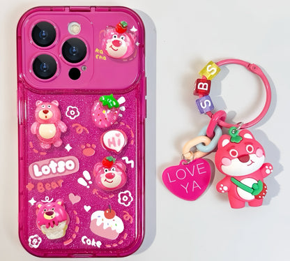 Sparkling Strawberry Bear flip phone case with mirror and stand