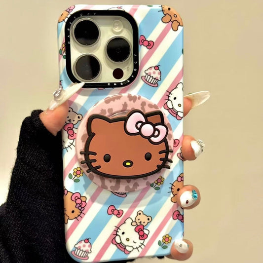 Pink and blue striped Kitty cat magnetic holder phone case