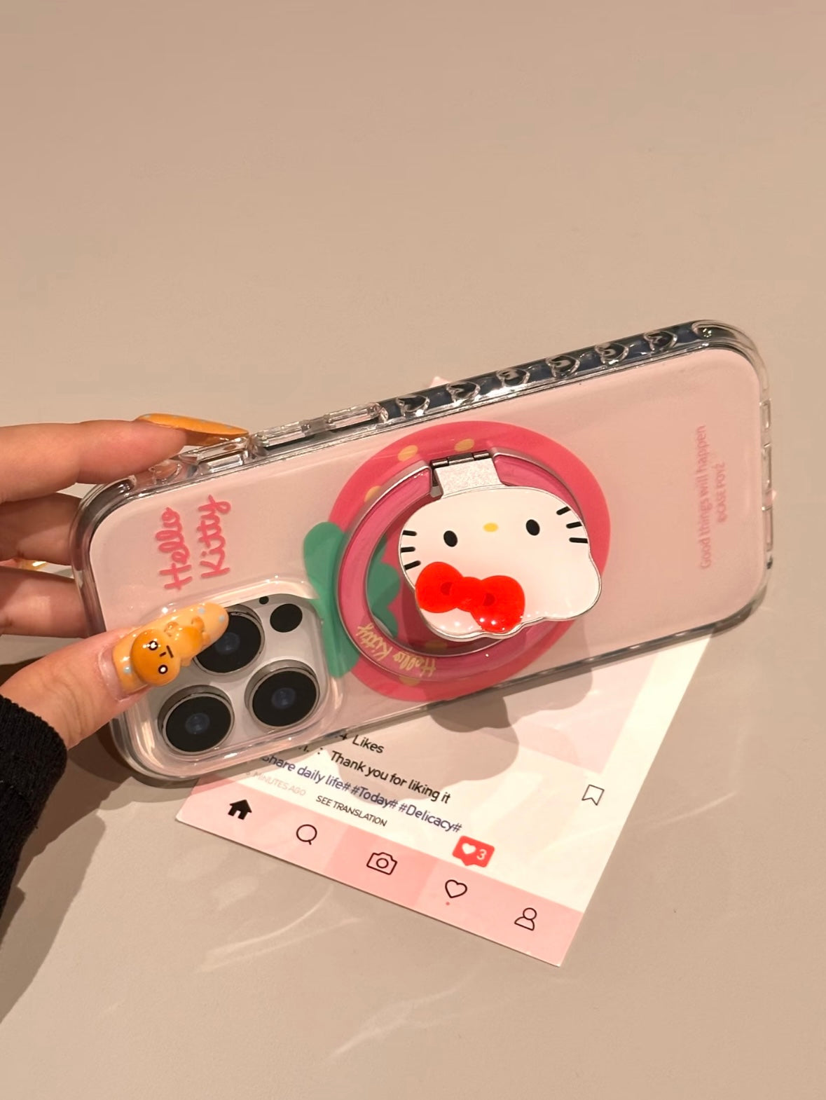 Kitty Pink Strawberry Clear Cute Kawaii MagSafe Case + MagSafe Stand Holder / Phone Grip