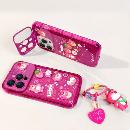 Sparkling Strawberry Bear flip phone case with mirror and stand