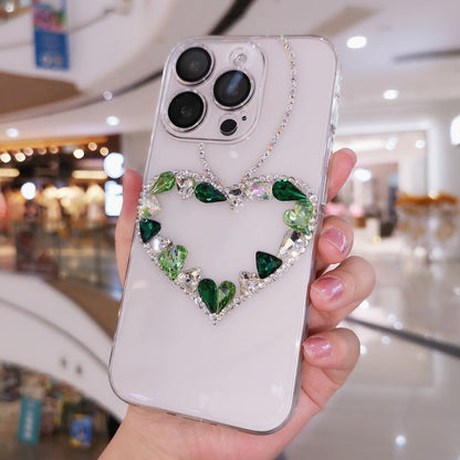 Handmade Minimalist Green Crystal Bling Heart iPhone Case for iPhone 16 15 14 13 12 11 Plus Pro Max