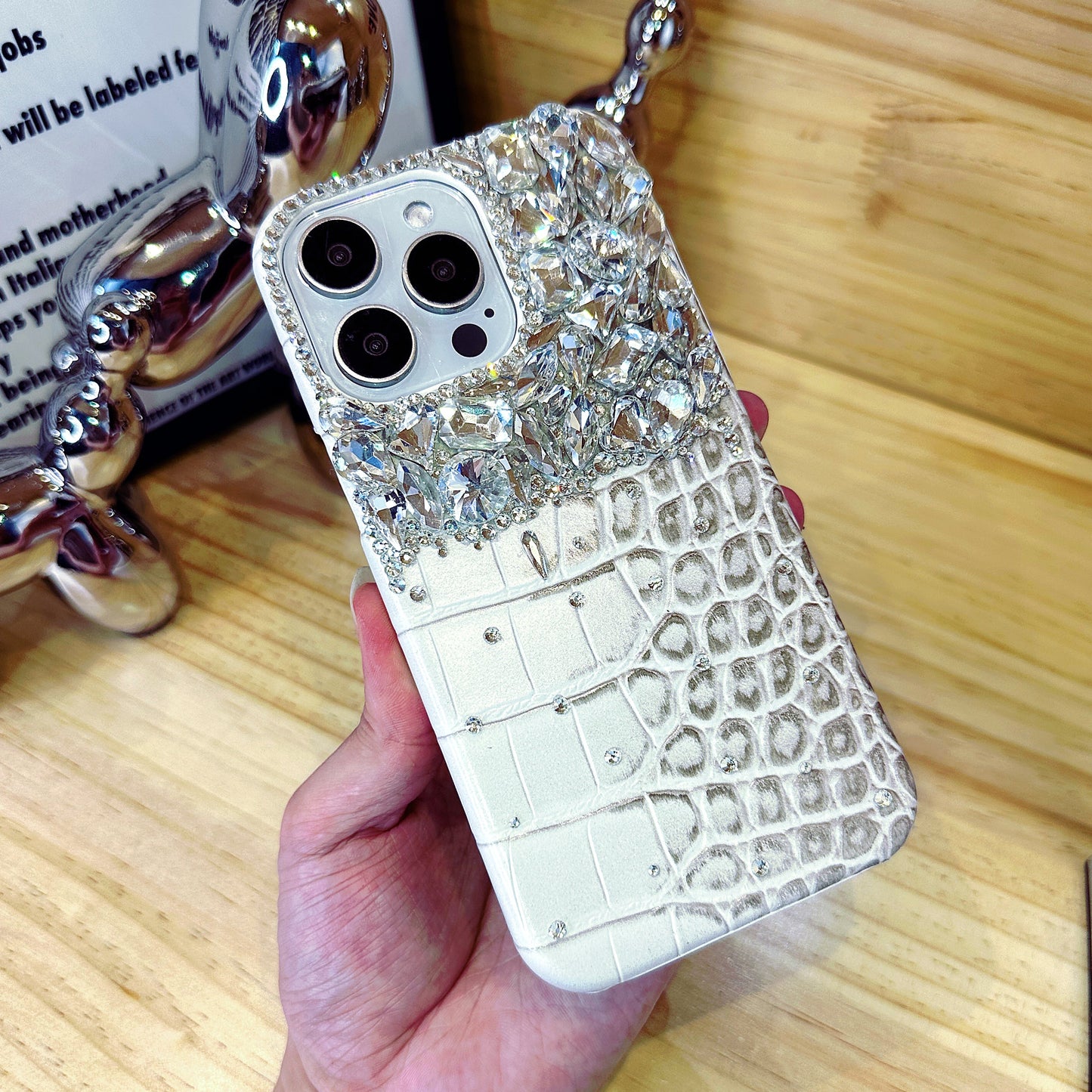 Crocodile Pattern with White Crystals Phone Case Compatible iPhone for iPhone 16 15 14 13 12 11 Plus Pro Max