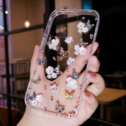 Coque iPhone faite main minimaliste papillon et fleurs à motif diamant