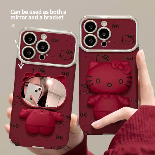 Red rotating Kitty mirror and stand phone case