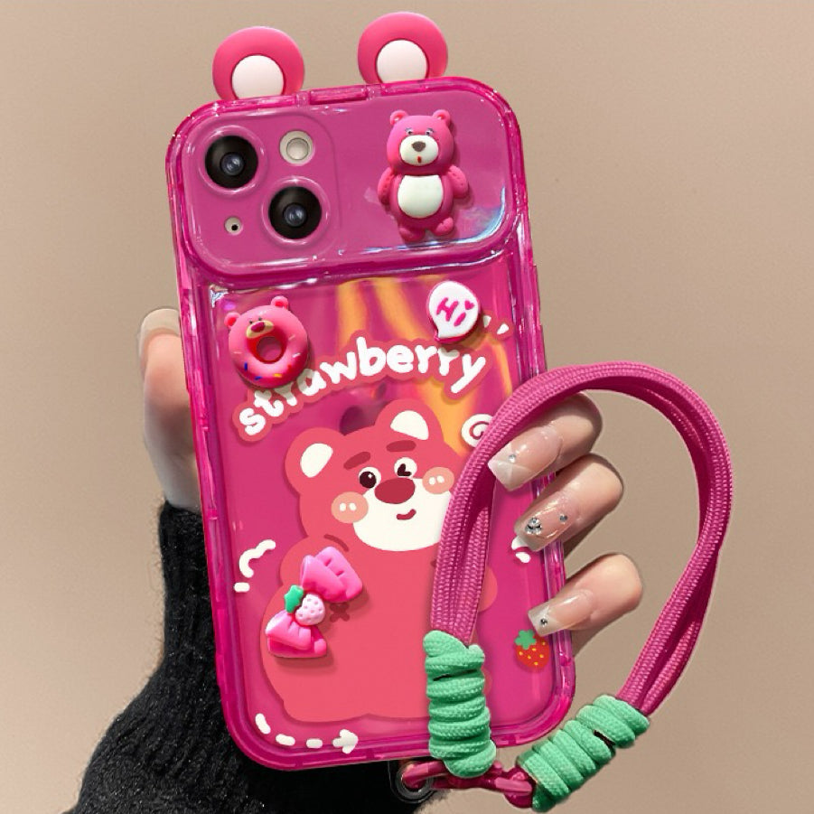 Strawberry Bear + Winnie the Pooh flip phone case (with mirror and stand)