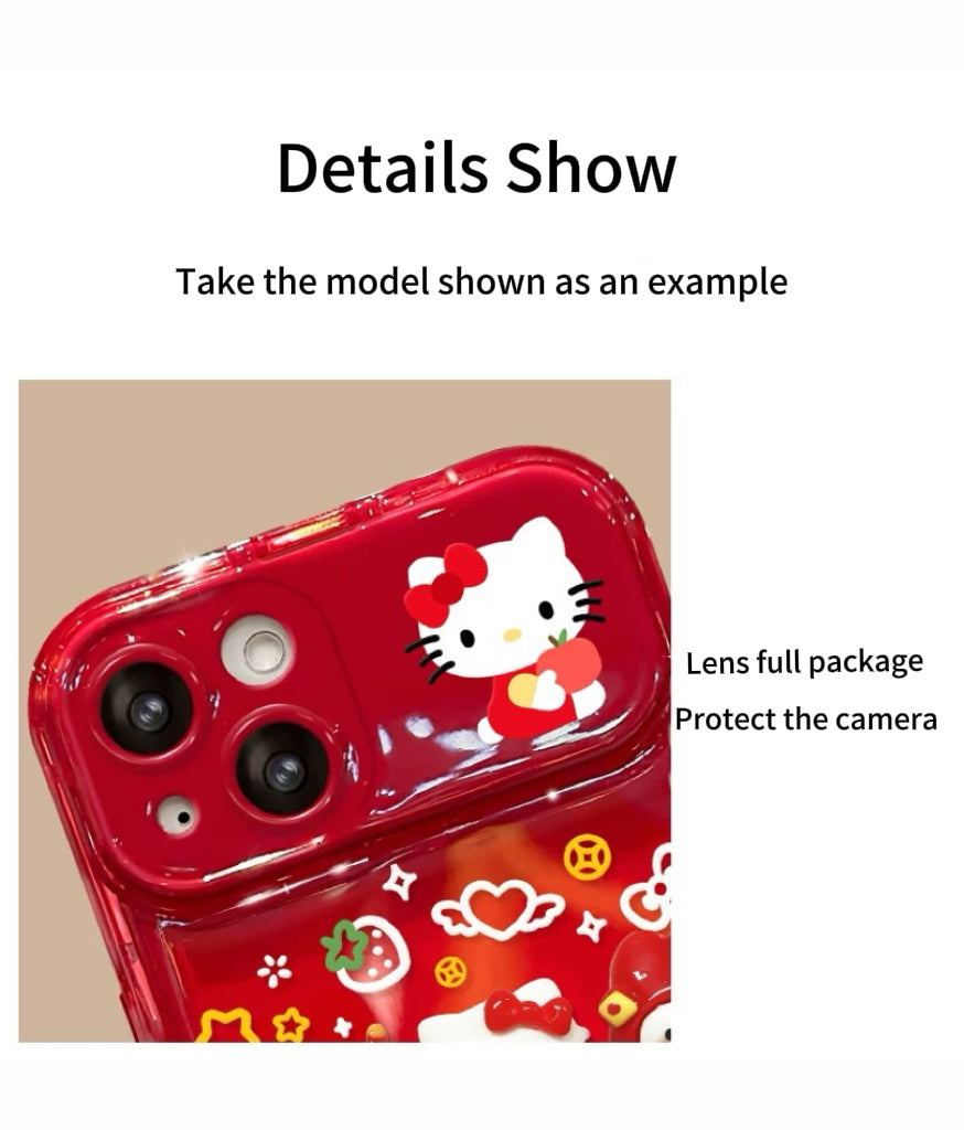 3D red Kitty Kuromi flip phone case with mirror and stand.