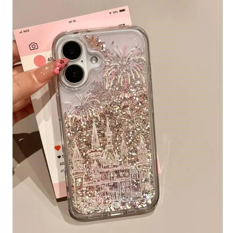 Liquid-sand Castle Phone Case For iPhone All 17 16 15 14 13 12 11 X 7 8 Series Models with Crystal Beads Charm (Copy)