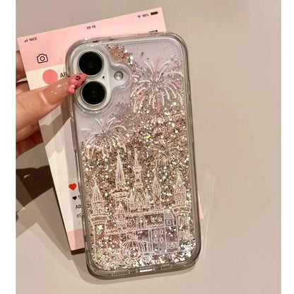 Liquid-sand Castle Phone Case For iPhone All 17 16 15 14 13 12 11 X 7 8 Series Models with Crystal Beads Charm (Copy)