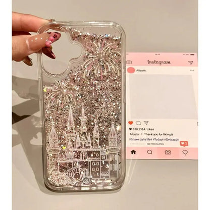 Liquid-sand Castle Phone Case For iPhone All 17 16 15 14 13 12 11 X 7 8 Series Models with Crystal Beads Charm (Copy)