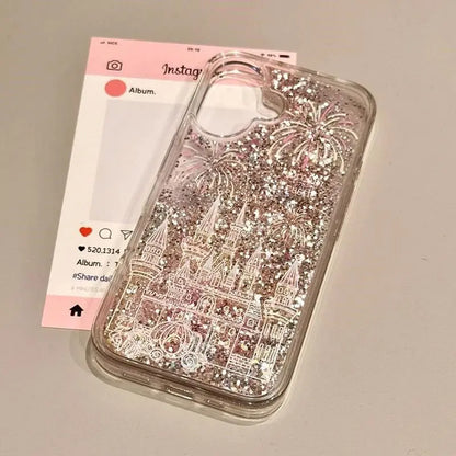 Liquid-sand Castle Phone Case For iPhone All 17 16 15 14 13 12 11 X 7 8 Series Models with Crystal Beads Charm (Copy)
