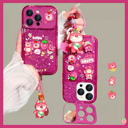 Sparkling Strawberry Bear flip phone case with mirror and stand
