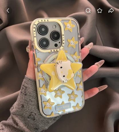 Yellow Star Kitty Cat Magnetic Holder Phone Case