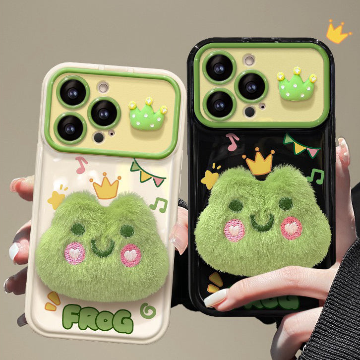 3D plush frog flip-cover phone case with mirror