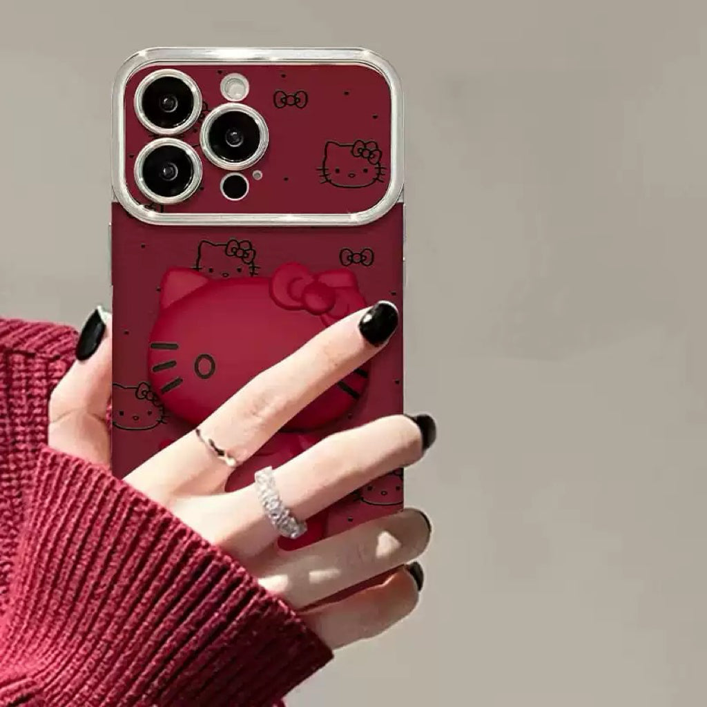 Red rotating Kitty mirror and stand phone case