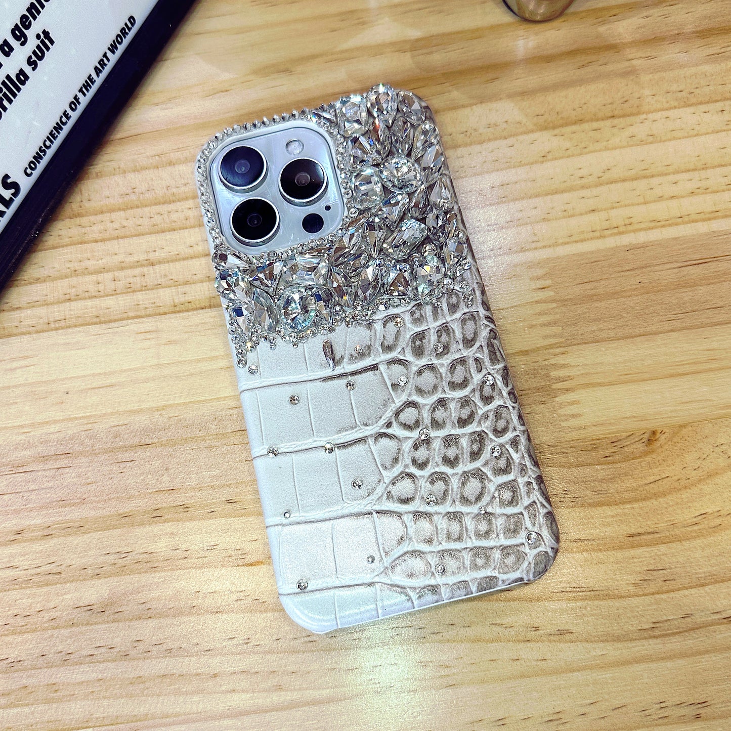 Crocodile Pattern with White Crystals Phone Case Compatible iPhone for iPhone 16 15 14 13 12 11 Plus Pro Max