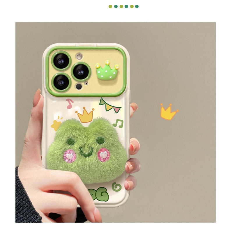 3D plush frog flip-cover phone case with mirror