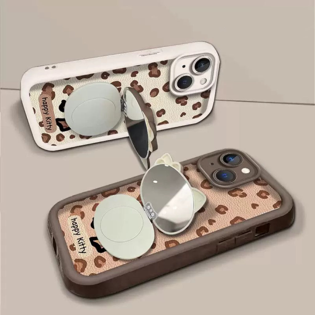 Rotating leopard print Kitty mirror and stand phone case