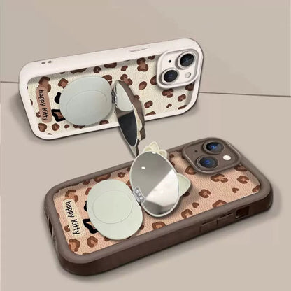 Rotating leopard print Kitty mirror and stand phone case