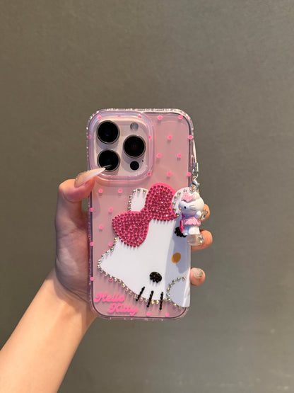Kitty Pink Polka Dot Bow Rhinestone Clear Cute Kawaii Phone Case