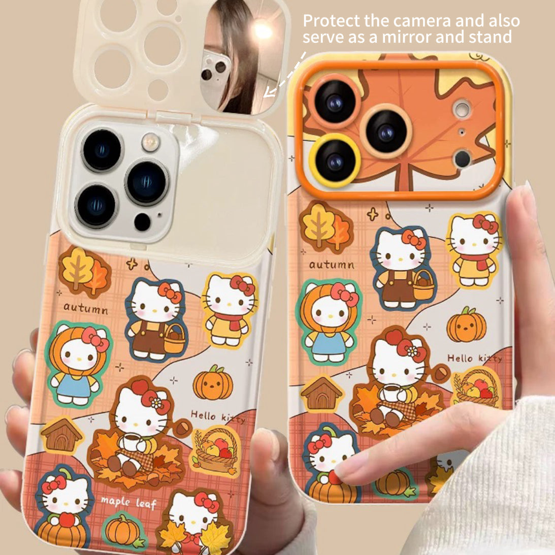Orange full-screen Kitty flip mirror phone case