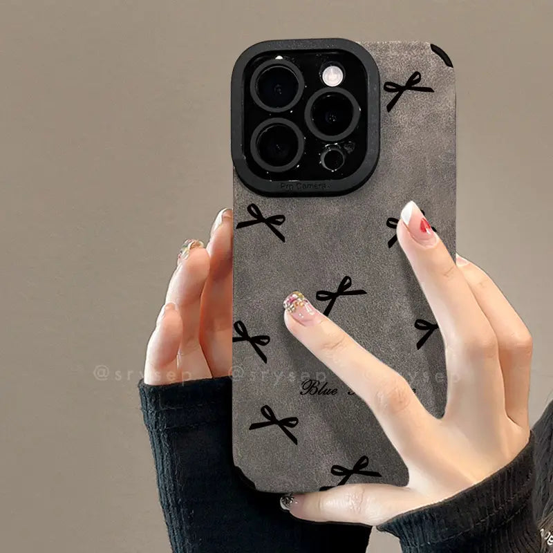 Bow Phone Case for iPhone With Leather Charm Suede Back Cover