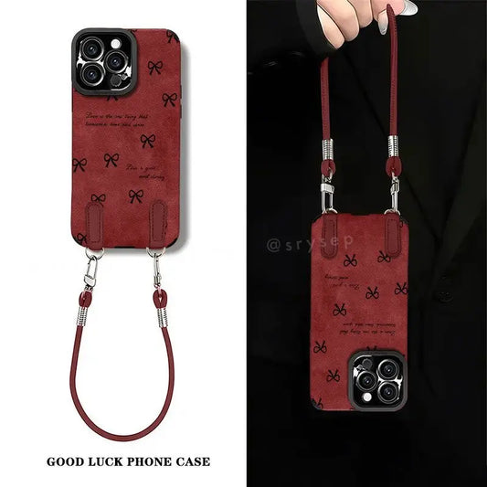 Bow Phone Case for iPhone With Heart Bead Charm Suede Back Cover