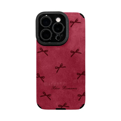 Bow Phone Case for iPhone With Heart Bead Charm Suede Back Cover