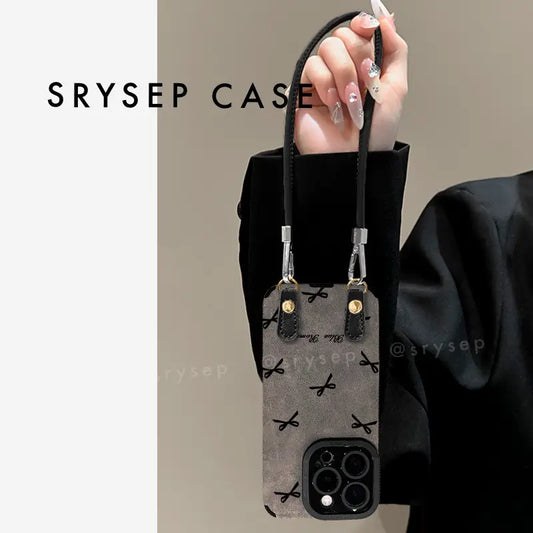 Bow Phone Case for iPhone With Heart Bead Charm Suede Back Cover