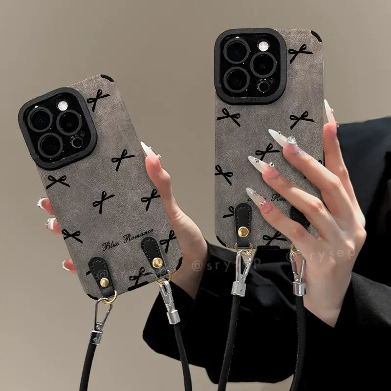 Bow Phone Case for iPhone With Heart Bead Charm Suede Back Cover